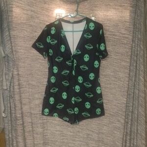 Black and Green Alien Print Romper